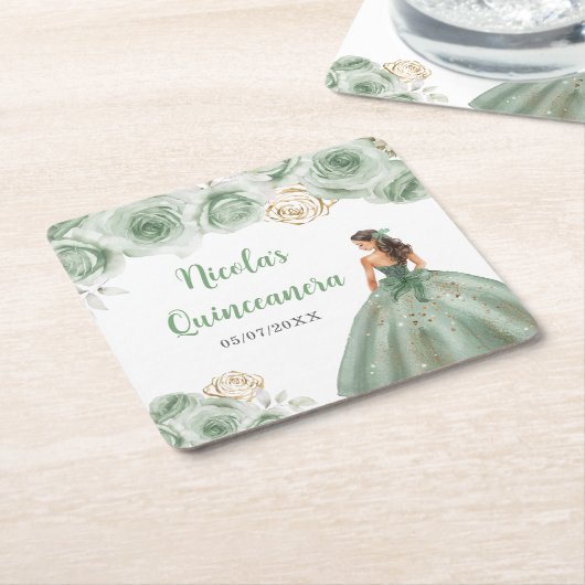 Bloemenprinses in Sage Green Dress Quinceanera Kartonnen Onderzetters (Schuin)