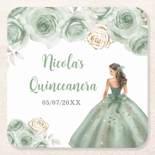 Bloemenprinses in Sage Green Dress Quinceanera Kartonnen Onderzetters (Voorkant)