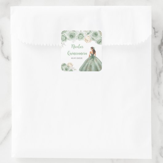 Bloemenprinses in Sage Green Dress Quinceanera Vierkante Sticker (Tas)