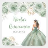 Bloemenprinses in Sage Green Dress Quinceanera Vierkante Sticker (Voorkant)