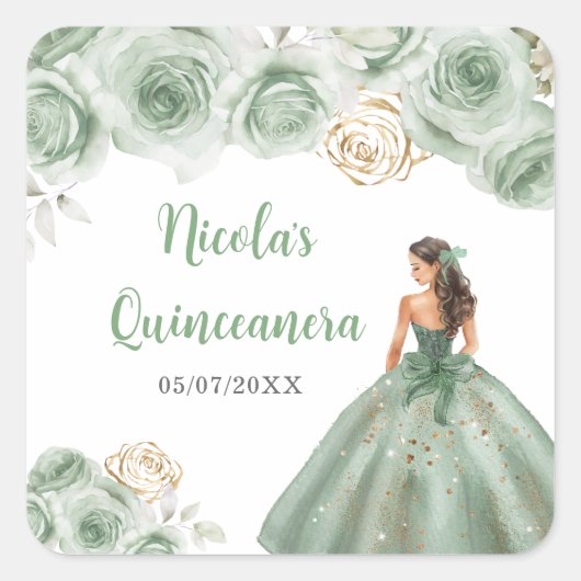 Bloemenprinses in Sage Green Dress Quinceanera Vierkante Sticker (Voorkant)