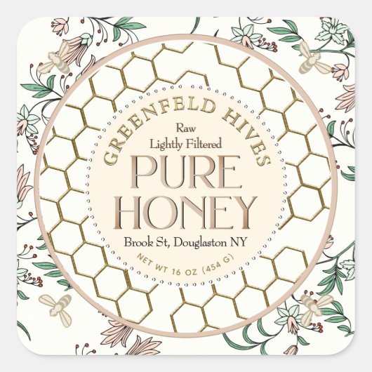  bloemenprint bijen honingraat rauwe honing vierkante sticker (Voorkant)