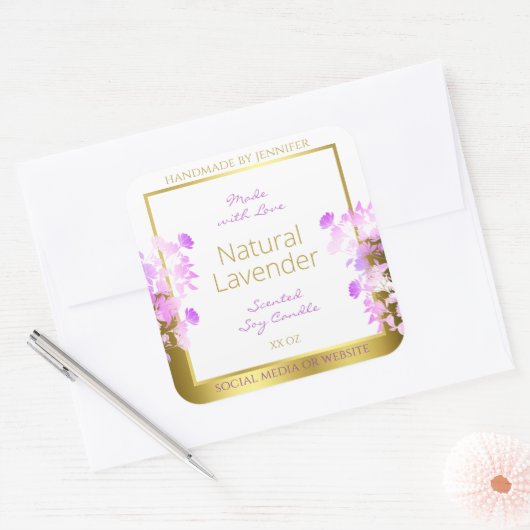 Bloemenproduct Verpakkingsetiketten Wit Goud Paars Vierkante Sticker (Envelop)