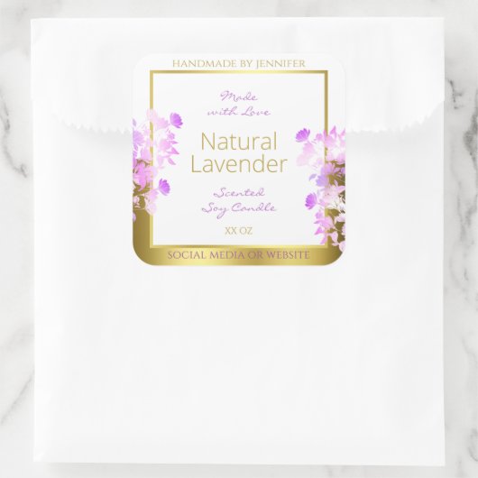 Bloemenproduct Verpakkingsetiketten Wit Goud Paars Vierkante Sticker (Tas)