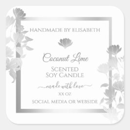 Bloemenproductetiketten Wit en zilverkleurig Vierkante Sticker