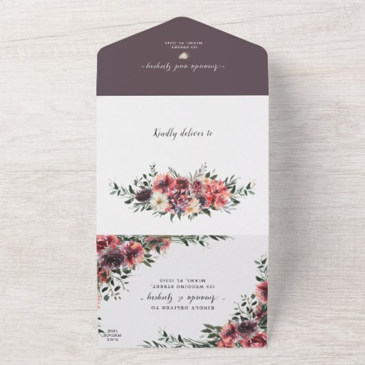 Bloemenrode botanische bruiloft alles in één uitno all in one uitnodiging (Buitenkant)