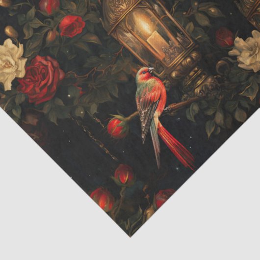 Bloemenrode vogels en lantaarns Decoupage Tissuepapier (Detail)