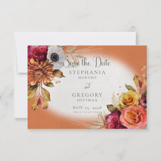 Bloemenroest & Fuchsia bruiloft Save The Date (Voorkant)