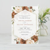 Bloemenroest perzik groen goud geometrische bruilo kaart (Staand voorkant)