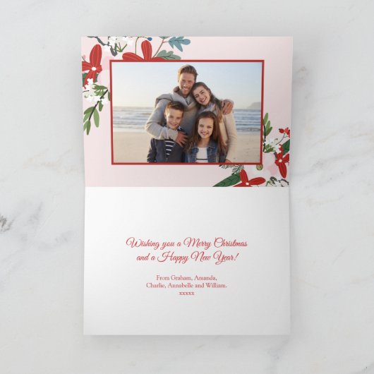 Bloemenrood Blush Roze Kerstvakantie fotokaart Feestdagen Kaart (Binnen)