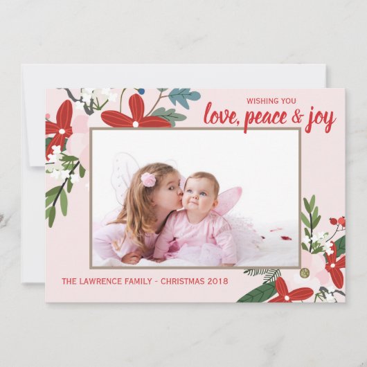 Bloemenrood Blush Roze Kerstvakantie fotokaart Feestdagenkaart (Voorkant)