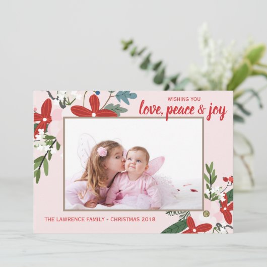 Bloemenrood Blush Roze Kerstvakantie fotokaart Feestdagenkaart (Staand voorkant)