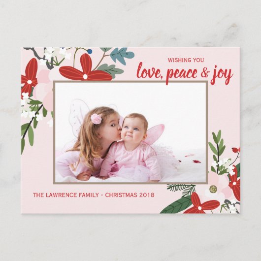 Bloemenrood Blush Roze Kerstvakantie fotokaart Feestdagenkaart (Voorkant)