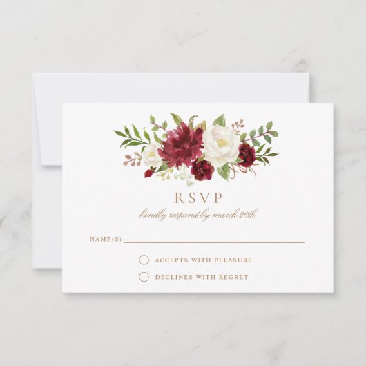 Bloemenrood Bourgondië Wit Elegant Bruiloft RSVP Kaart (Voorkant)