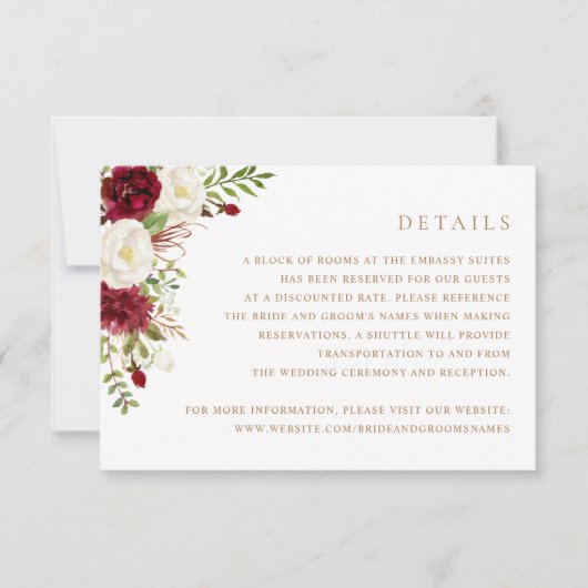 Bloemenrood Bourgondië wit groen bruiloft details Kaart (Voorkant)