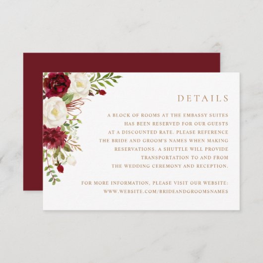 Bloemenrood Bourgondië wit groen bruiloft details Kaart (Voorkant / Achterkant)