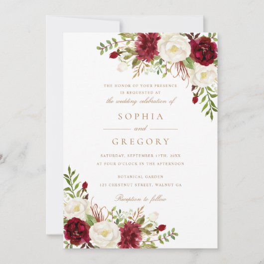 Bloemenrood Bourgondië Wit Modern Elegant Bruiloft Kaart (Voorkant)