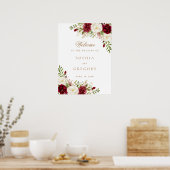Bloemenrood Bourgondisch wit Elegant trouwbord Poster (Keuken)