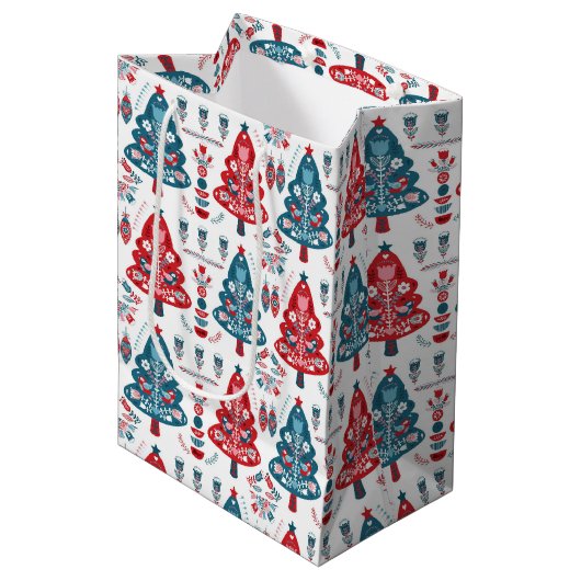 Bloemenrood en blauw Scandinavische kerstboom Medium Cadeauzakje (Voorkant Gekanteld)