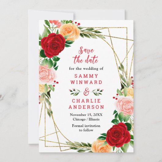 Bloemenrood en Oranje Rozen bruiloft Save The Date (Voorkant)