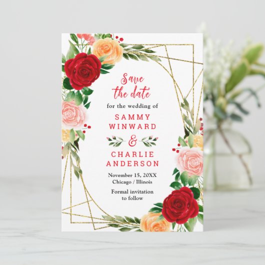 Bloemenrood en Oranje Rozen bruiloft Save The Date (Staand voorkant)