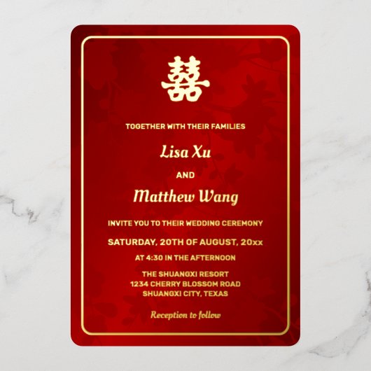Bloemenrood goud Chinese bruiloft Folie Uitnodiging (Voorkant)