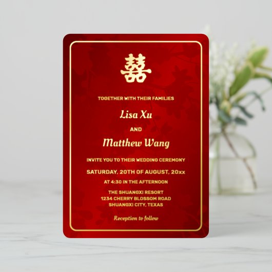 Bloemenrood goud Chinese bruiloft Folie Uitnodiging (Staand Voorkant)