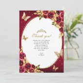 Bloemenrood goud Tiara vlinder foto Quinceañera Bedankkaart (Staand voorkant)