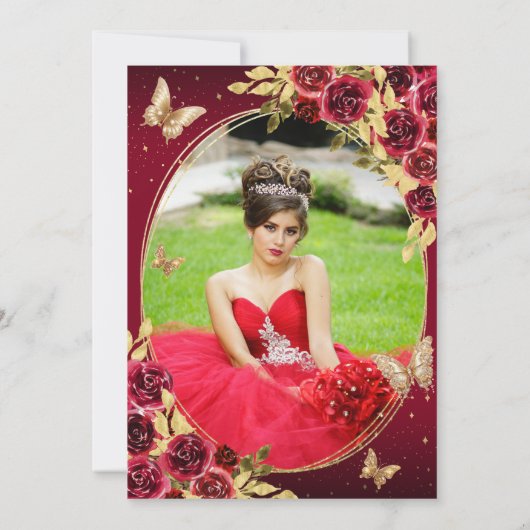 Bloemenrood goud Tiara vlinder foto Quinceañera Bedankkaart (Achterkant)