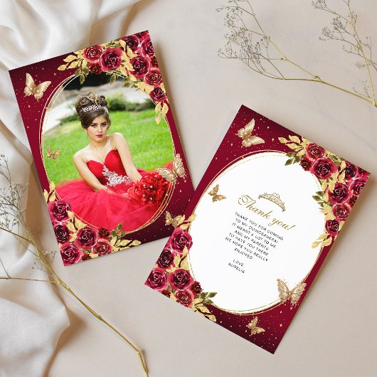 Bloemenrood goud Tiara vlinder foto Quinceañera Bedankkaart