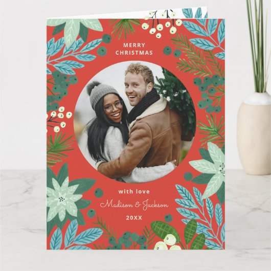 Bloemenrood Kerst Foto Vakantie Kaart (Voorkant)