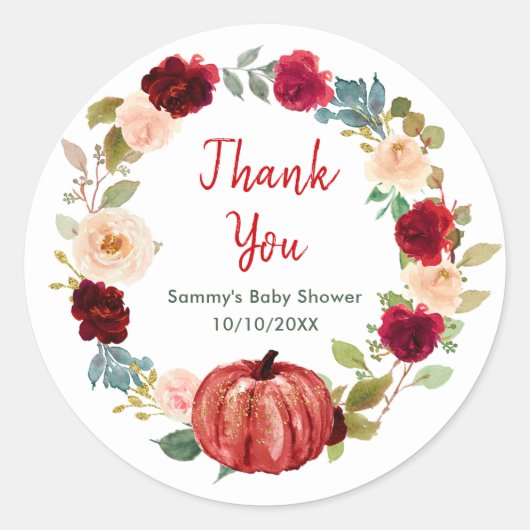 Bloemenrood pompoen Baby shower Dank u Ronde Sticker (Voorkant)