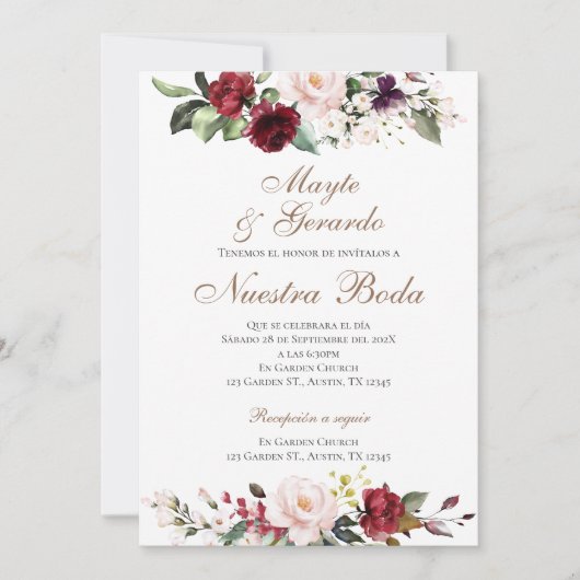 Bloemenrood Spaans bruiloft uitnodiging (Voorkant)