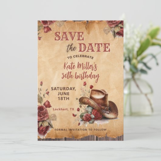 Bloemenrood Western Cowgirl Pet Verjaardag Save The Date (Staand voorkant)