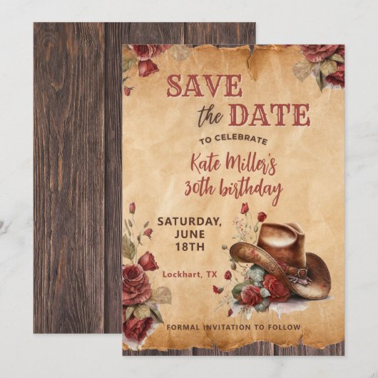 Bloemenrood Western Cowgirl Pet Verjaardag Save The Date (Voorkant / Achterkant)