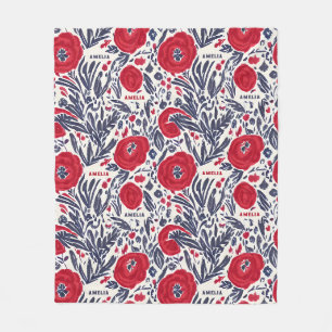 Bloemenrood wit & blauw botanisch patroon fleece deken