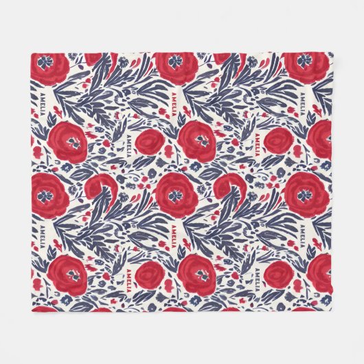 Bloemenrood wit & blauw botanisch patroon fleece deken (Voorkant (Horizontaal))