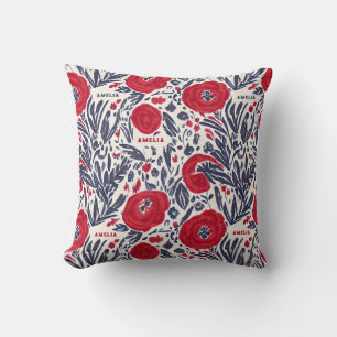 Bloemenrood wit & blauw botanisch patroon kussen
