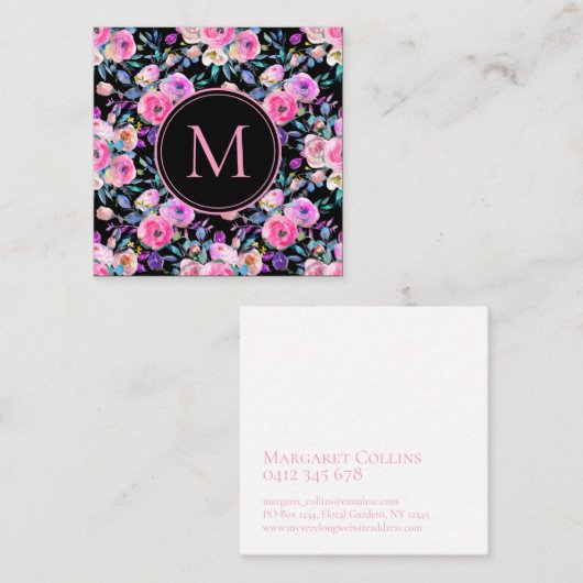 Bloemenroze aquarel Monogram Vierkante Visitekaartje (Voorkant / Achterkant)