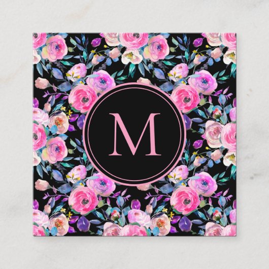 Bloemenroze aquarel Monogram Vierkante Visitekaartje (Voorkant)