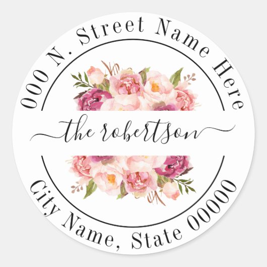 Bloemenroze bloemen boho chic retouradres ronde sticker (Voorkant)