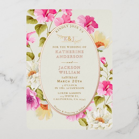  bloemenroze bloemetjes roos goud Bruiloft Folie Uitnodiging (Voorkant)