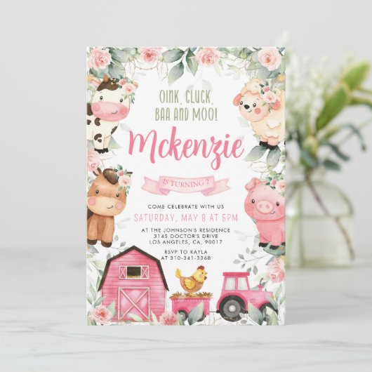 Bloemenroze Boerderij Verjaardagsfeestuitnodiging Kaart (Staand voorkant)