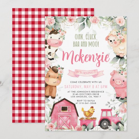 Bloemenroze Boerderij Verjaardagsfeestuitnodiging Kaart (Voorkant / Achterkant)