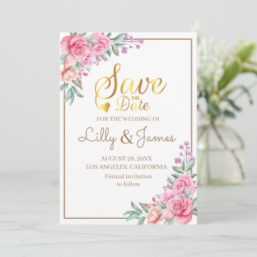 Bloemenroze bruiloft geometrische save the date (Staand voorkant)