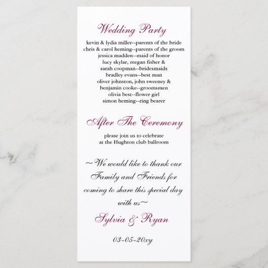 bloemenroze Bruiloftsprogramma Programmakaart (Achterkant)