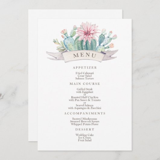 Bloemenroze cactus & succulent. Botanische bruilof Menu (Voorkant / Achterkant)
