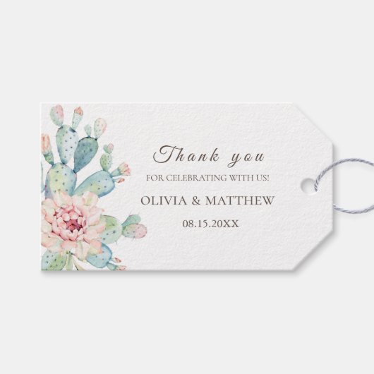 Bloemenroze cactus & succulent. Bruiloft dank u Cadeaulabel (Voorkant (Horizontaal))