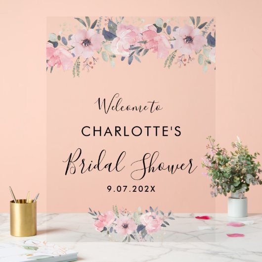 Bloemenroze Elegant Vrijgezellenfeest Welkom Acryl Bord (Huwelijk)