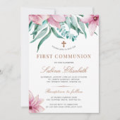 Bloemenroze elegante heilige eerste communie kaart (Voorkant)